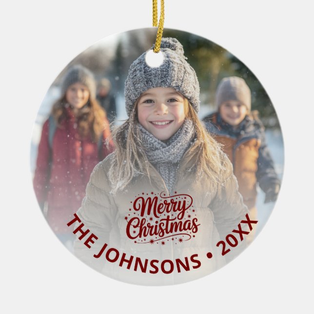 Ornamento De Cerâmica Simple Elegant Merry Christmas Photo Card Gradient (Frente)