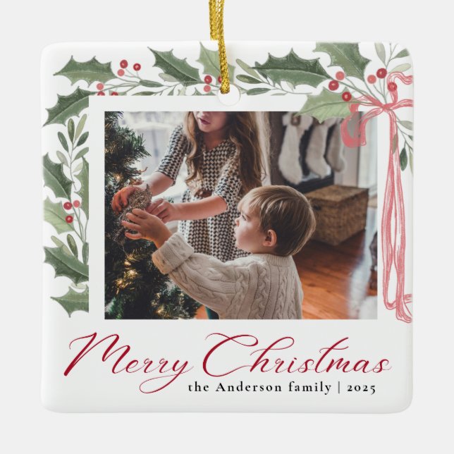Ornamento De Cerâmica Simple Elegant Script Family Photo Merry Christmas (Frente)