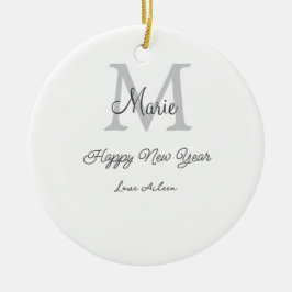 Ornamento De Cerâmica simple minimal happy new year monogram gray name 