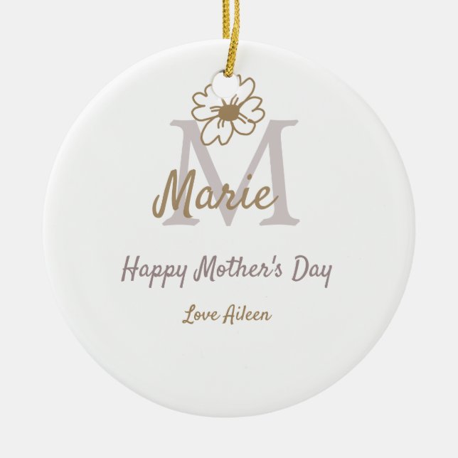 Ornamento De Cerâmica simple minimal mother's day monogram golden gray f (Frente)