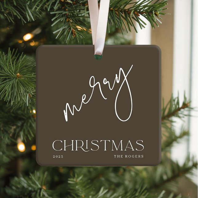 Ornamento De Cerâmica Simple Minimal Olive White Family Name Christmas (Criador carregado)