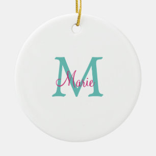 Ornamento De Cerâmica simples adicione nome monograma minimalista verde 