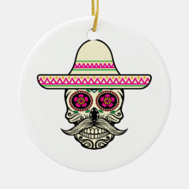 Ornamento De Cerâmica Simples Dia de Muertos Skull com Chapéu | Ornament