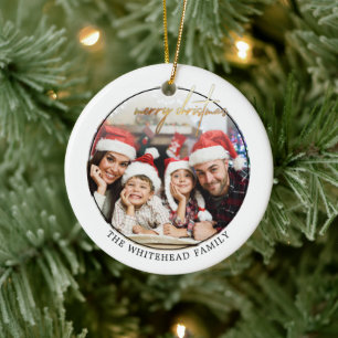 Ornamento De Cerâmica Simples Dourada Foto de Natal Feliz