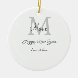 Ornamento De Cerâmica simples monograma cinza ano novo feliz nome