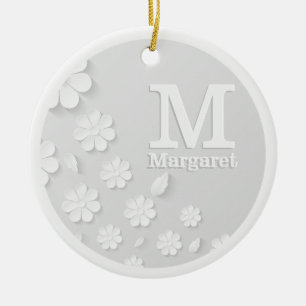 Ornamento De Cerâmica Sinais brancos, florais, gravados, personalizados
