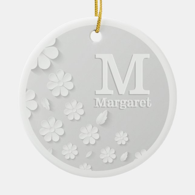 Ornamento De Cerâmica Sinais brancos, florais, gravados, personalizados (Frente)