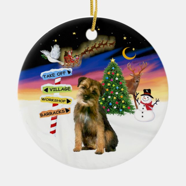 Ornamento De Cerâmica Sinais do Xmas - Fronteira - Terrier (Frente)