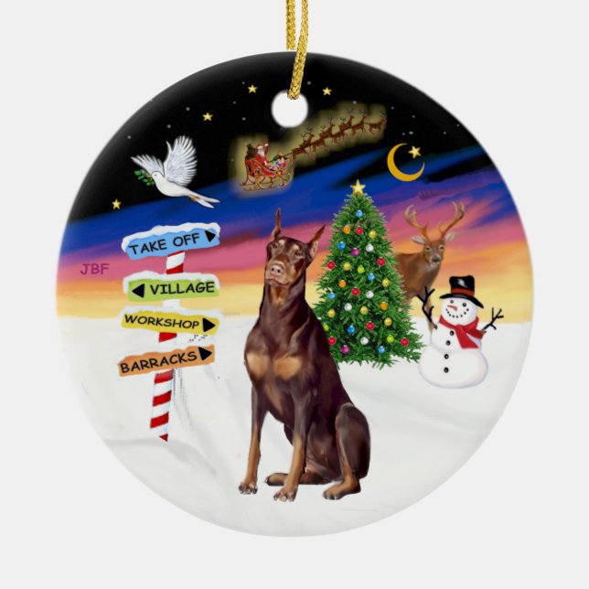 Ornamento De Cerâmica Sinais Xmas - Doberman Vermelho (Frente)