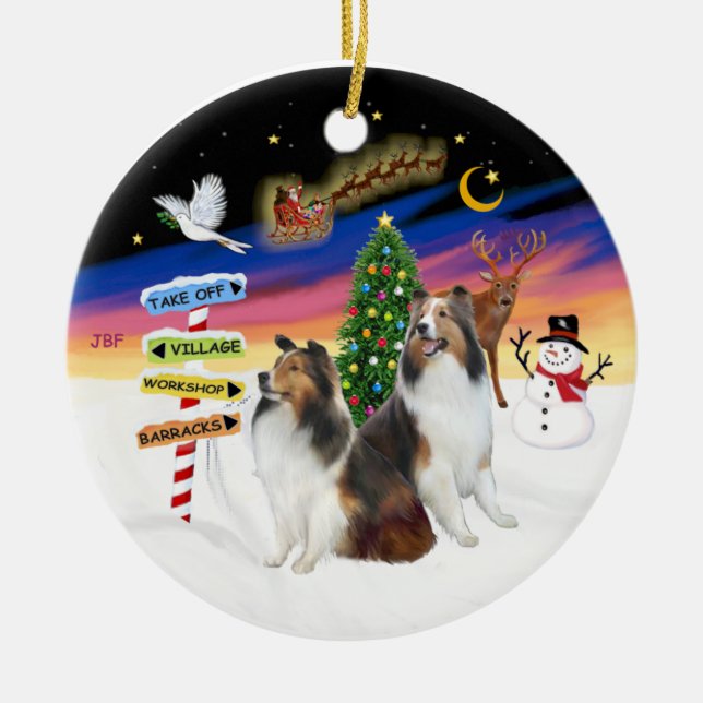 Ornamento De Cerâmica Sinais Xmas - Dois Shetland Sheepdog (D-L) (Frente)