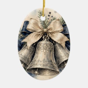Ornamento De Cerâmica Sinos de Natal Prateados Elegantes em Aquarela