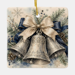Ornamento De Cerâmica Sinos de Natal Prateados Elegantes em Aquarela