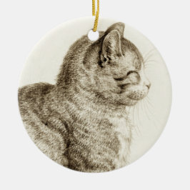 Ornamento De Cerâmica Sitting cat vintage sepia pencil drawing