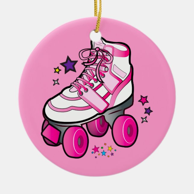 Ornamento De Cerâmica Skate de rolo no rosa com estrelas (Frente)