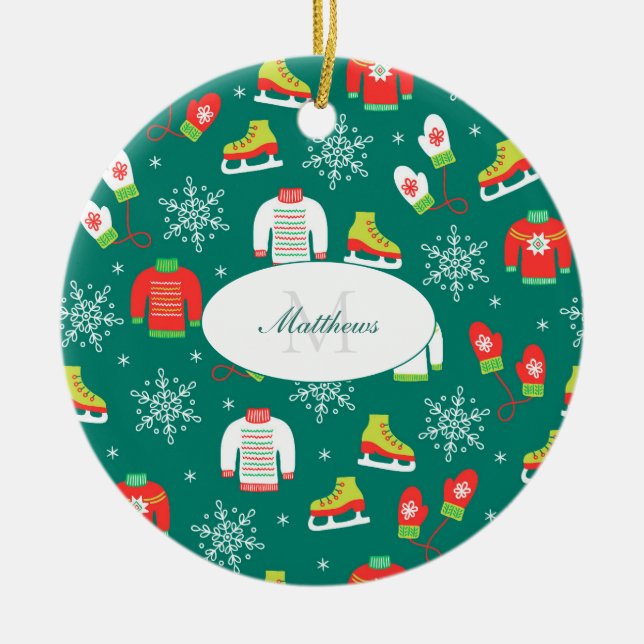 Ornamento De Cerâmica Skates de gelo Snowflakes Monograma de Teto (Frente)