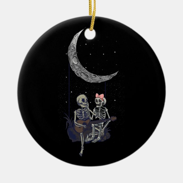 Ornamento De Cerâmica Skeleton Casal Moon Swing Guitar Hallowee (Frente)