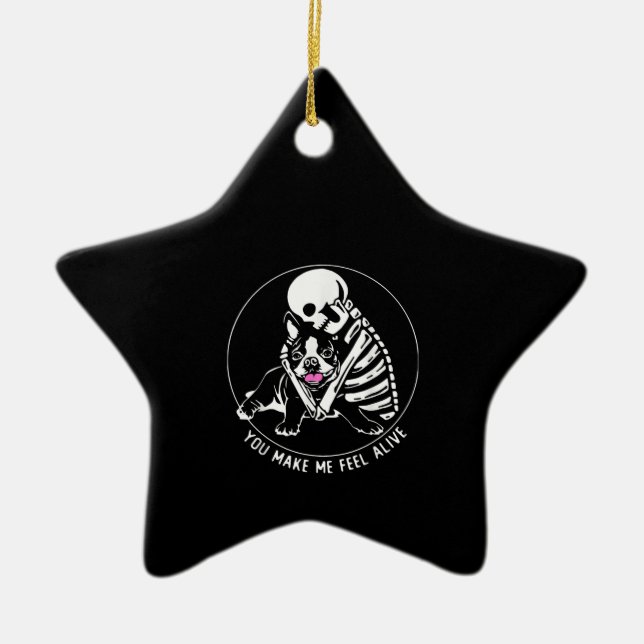 ORNAMENTO DE CERÂMICA SKELETON HUG BOSTON TERRIER VOCÊ ME FAZ SENTIR VIV (Frente)