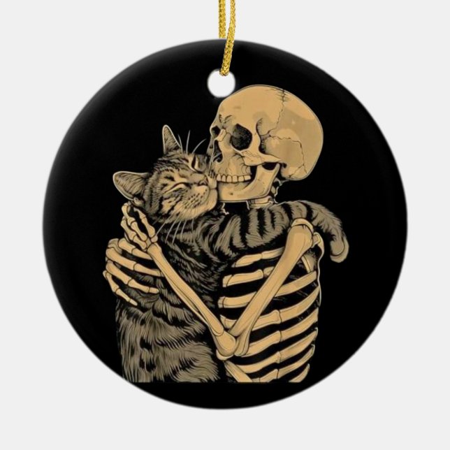 Ornamento De Cerâmica  Skeleton Hugging Cat – Cute Gothic Cat Lover Gift (Frente)