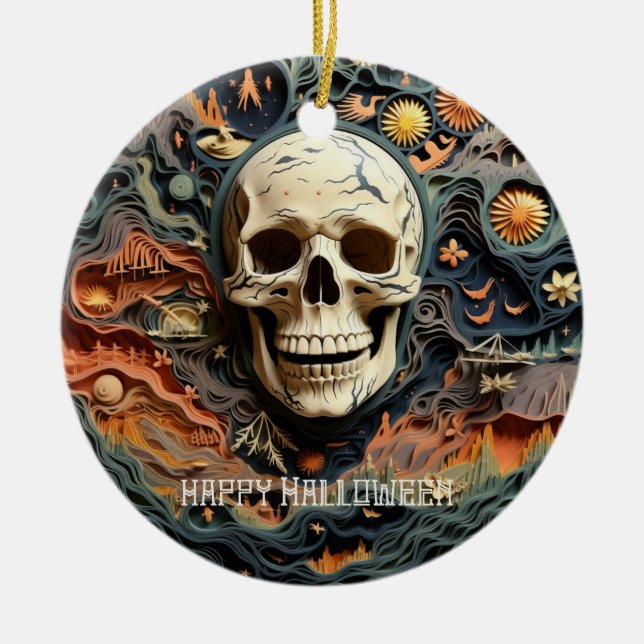 Ornamento De Cerâmica Skeleton Paper Quill Art Halloween (Frente)