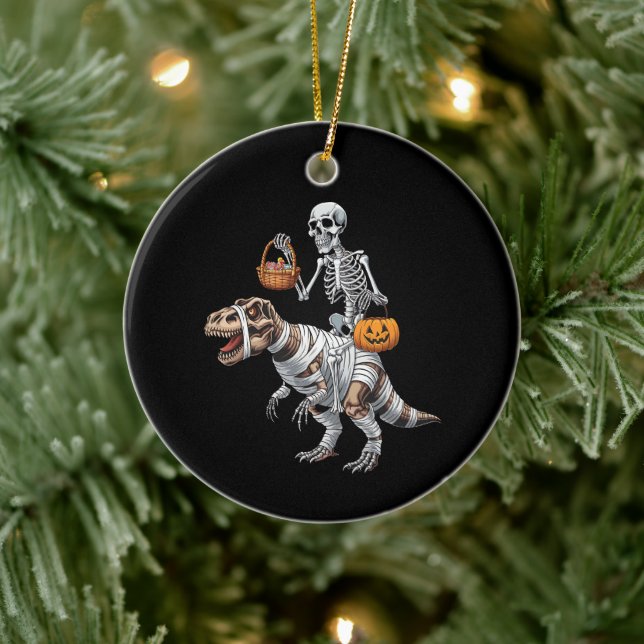 Ornamento De Cerâmica Skeleton Riding Mummy Dinosaur T rex Halloween (Árvore)