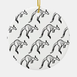 Ornamento De Cerâmica Sketch de canguru preto-e-branco saltando