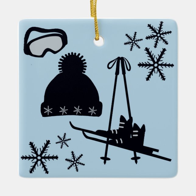 Ornamento De Cerâmica Ski equipment & snowflakes (Frente)