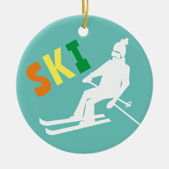 Ornamento De Cerâmica Ski Retro Skier Winter Teal White (Frente)