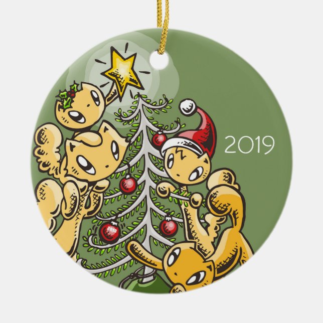 Ornamento De Cerâmica Skribbles para a Família Gato: Trim Tree (Frente)