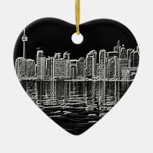 Ornamento De Cerâmica Skyline de Toronto em preto e branco (Frente)