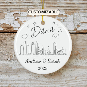 Ornamento De Cerâmica Skyline Detroit Ornament Personalizado, Michigan