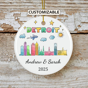 Ornamento De Cerâmica Skyline Detroit Ornament Personalizado, Michigan