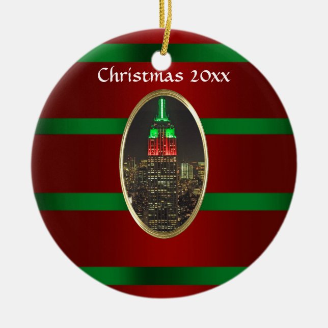 Ornamento De Cerâmica Skyline NYC: Emp Rua Building Night Xmas #6R (Frente)
