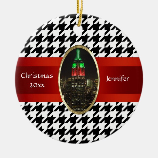 Ornamento De Cerâmica Skyline NYC: Emp Rua Construindo Xmas #5 (Frente)