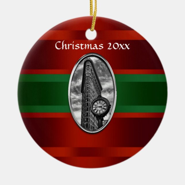Ornamento De Cerâmica Skyline NYC: Flatiron Building Xmas #3 (Frente)