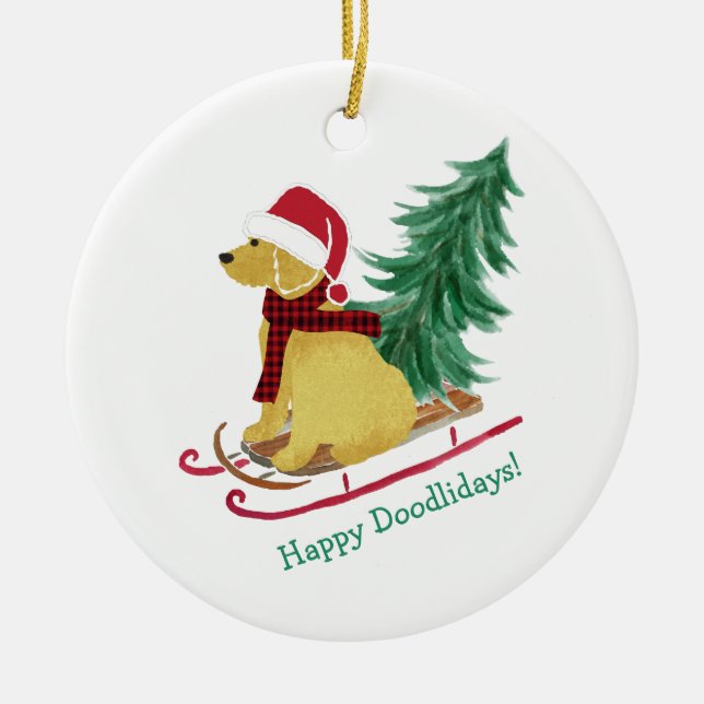 Ornamento De Cerâmica Sled de Natal Personalizado de Goldendoodle (Frente)