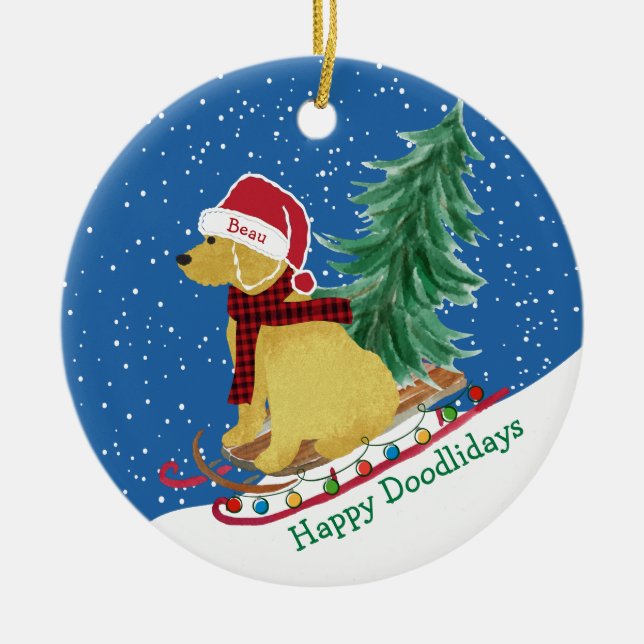 Ornamento De Cerâmica Sled de Natal Personalizado e Goldendoodle (Frente)