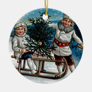 Ornamento De Cerâmica Sledding das crianças