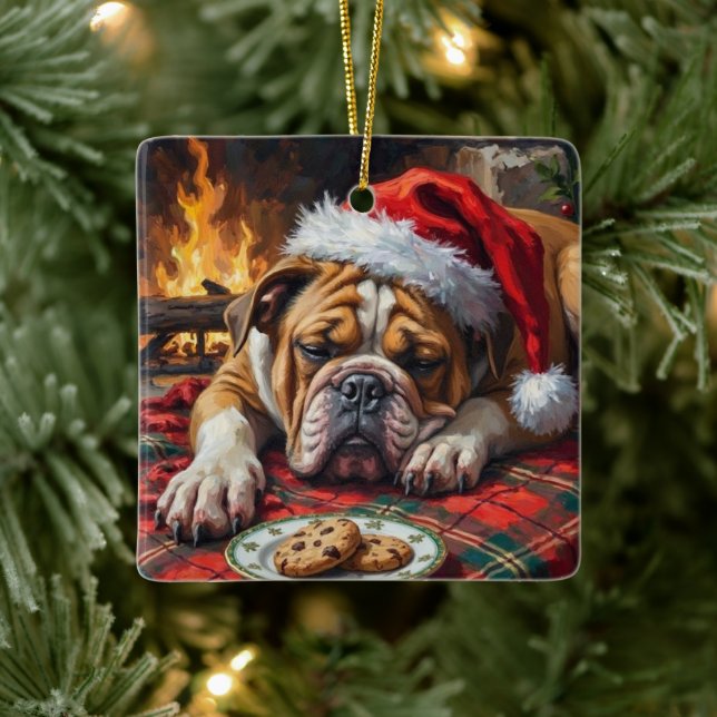 Ornamento De Cerâmica Sleepy Bulldog Dog Fast Asleep Santa Hat Christmas (Árvore)