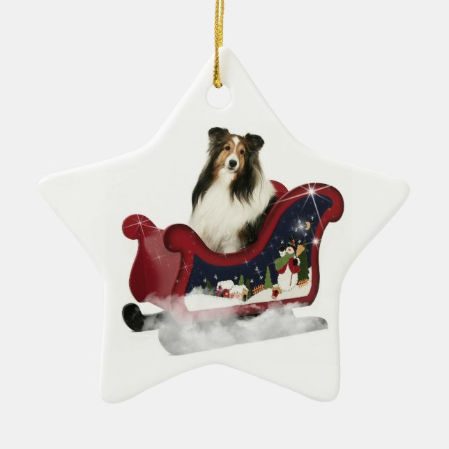 Ornamento De Cerâmica Sleigh Sheltie (Frente)
