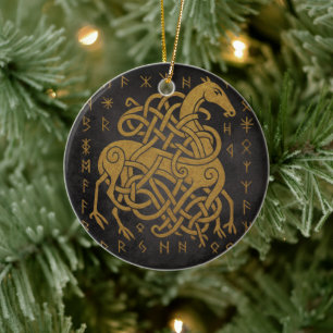 Ornamento De Cerâmica Sleipnir, Cavalo Nórdico Dourado com Símbolo de Ru
