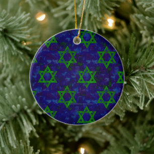 Ornamento De Cerâmica SlipperyJoe's Hanukkah fileiras verdes Estrelas de