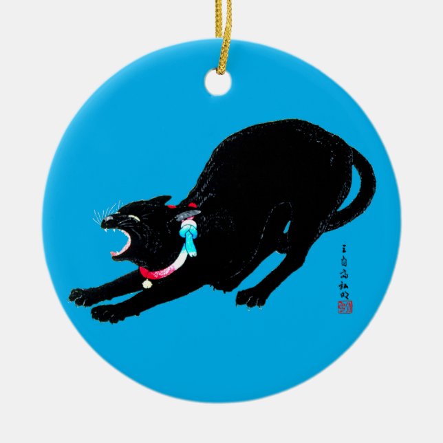 Ornamento De Cerâmica Snarling Hissing Black Japan Cat (Frente)