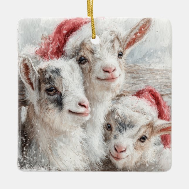 Ornamento De Cerâmica Snow Babies Christmas Goats 2 - YOUR PHOTO (Frente)