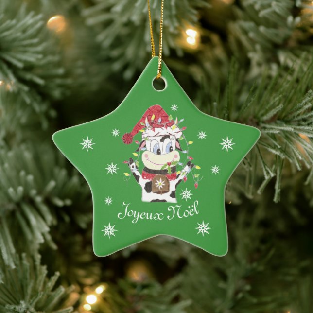 Ornamento De Cerâmica Snowbell the cow green star Christmas ornament (Árvore)