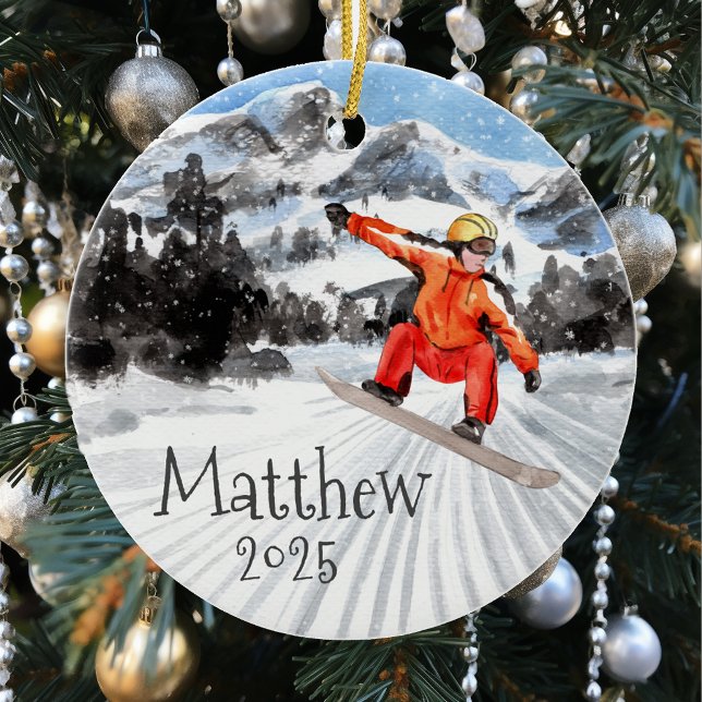 Ornamento De Cerâmica Snowboard Personalizado no Quadro de Neve Natal (Criador carregado)