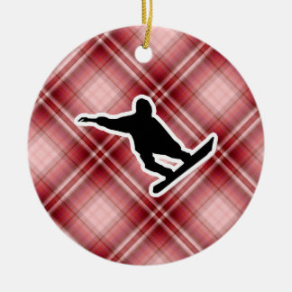 Ornamento De Cerâmica Snowboarding vermelha da xadrez