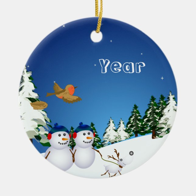 Ornamento De Cerâmica Snowcouple & cão (Frente)