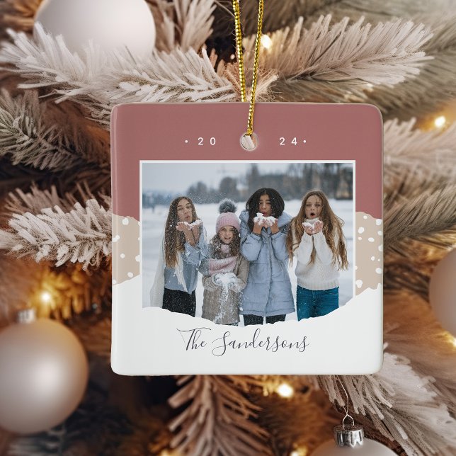 Ornamento De Cerâmica Snowdrift | Foto personalizada de bloco de cores (Criador carregado)