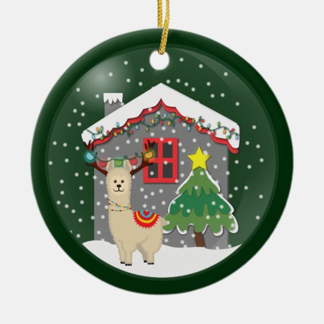 Ornamento De Cerâmica Snowglobe Christmas Llama (Frente)