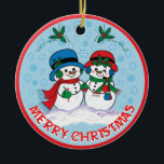 Ornamento De Cerâmica Snowman<br><div class="desc">Personalize este Enfeites de natal Adorável "Um Tipo" de Neve! Sr. & Sra. Frosty, o boneco de neve está pegando um filme de Natal mágico através de uma "Terra das Neves do Inverno"! Design de Belas Artes Original pelo Artista Kerry Miller.</div>